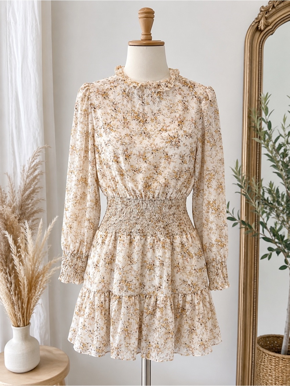 NWT Lilah Romantic Cottagecore Floral Smocked Mini Dress | Ruffle Neck